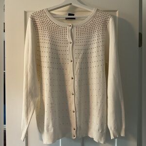 Elegant Off-White with Rose Gold Studs Button-Up Sweater
